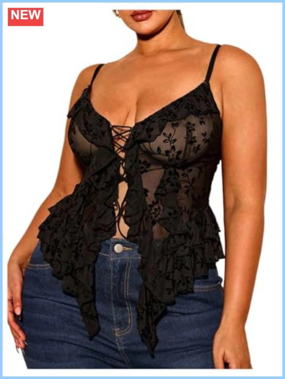Plus Size Sexy Cami Top Asymmetrical Hem Sheer Lace Up Tank Top